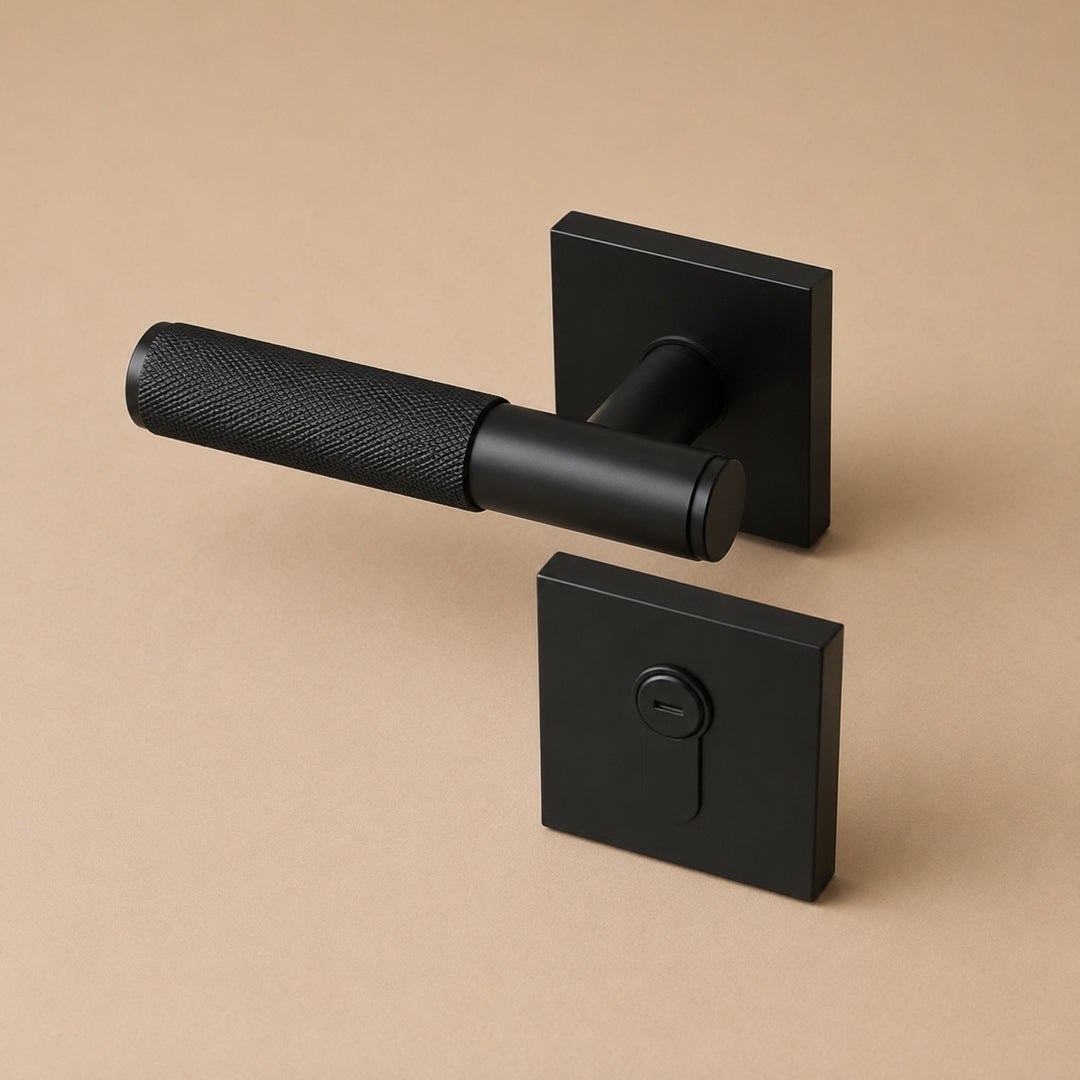 Modern Brass Door Handle with Knurled Grip and Square or Round Rosette for Internal Use
