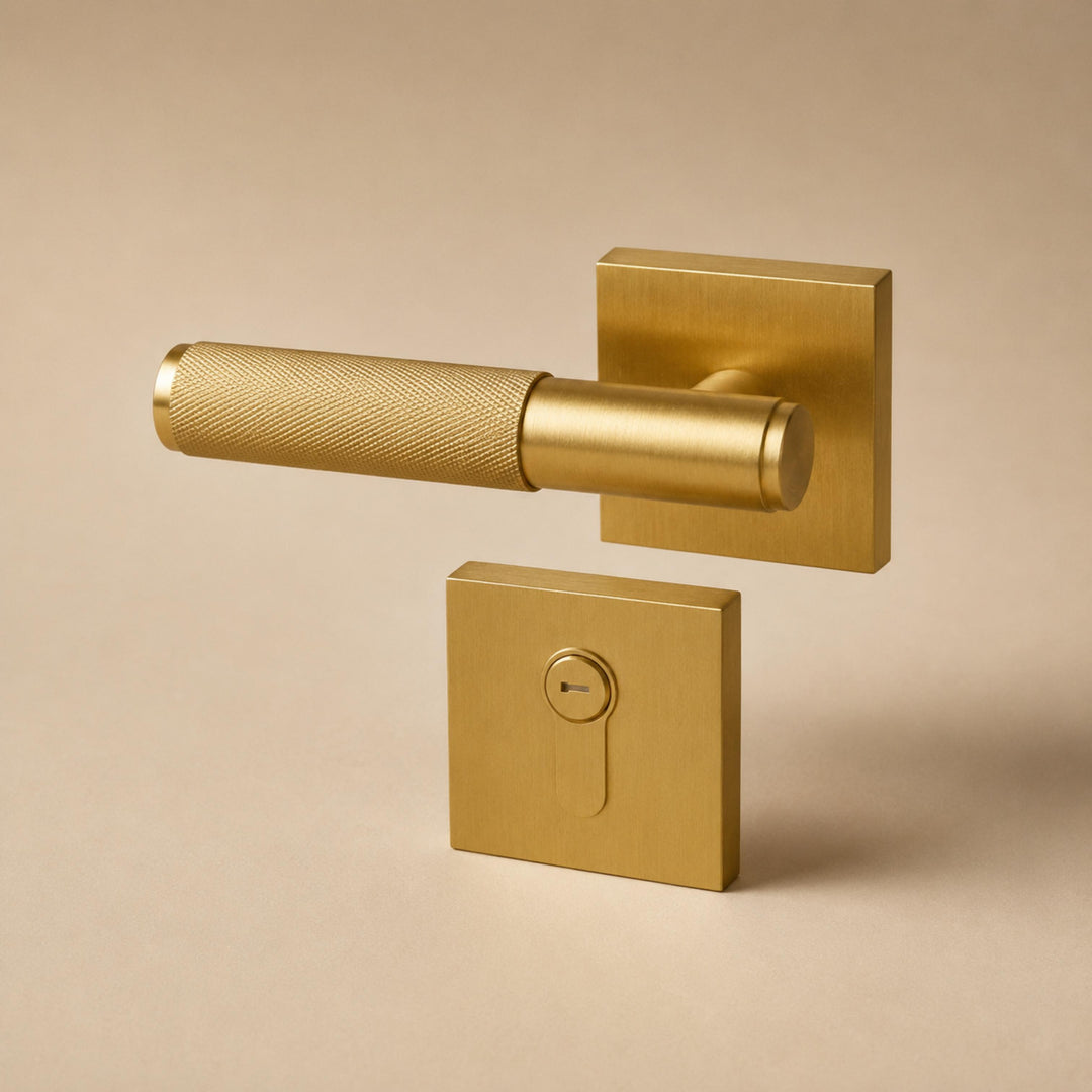 Modern Brass Door Handle with Knurled Grip and Square or Round Rosette for Internal Use