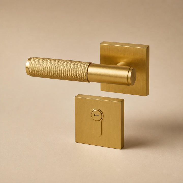 Modern Brass Door Handle with Knurled Grip and Square or Round Rosette for Internal Use