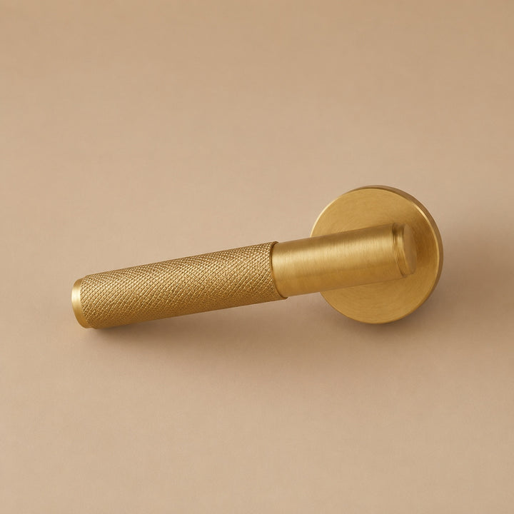 Modern Brass Door Handle with Knurled Grip and Square or Round Rosette for Internal Use