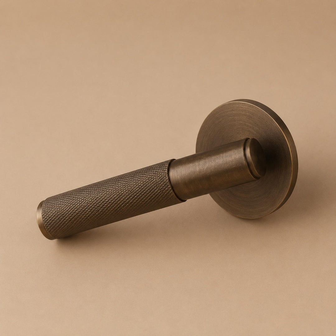 Modern Brass Door Handle with Knurled Grip and Square or Round Rosette for Internal Use