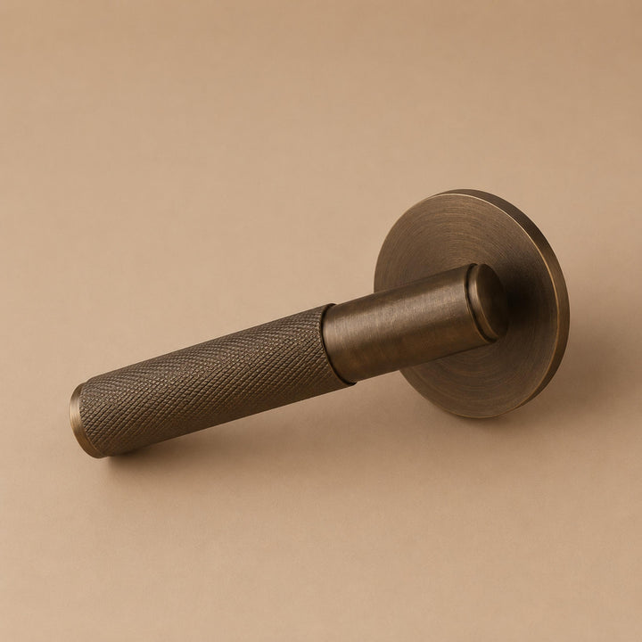 Modern Brass Door Handle with Knurled Grip and Square or Round Rosette for Internal Use