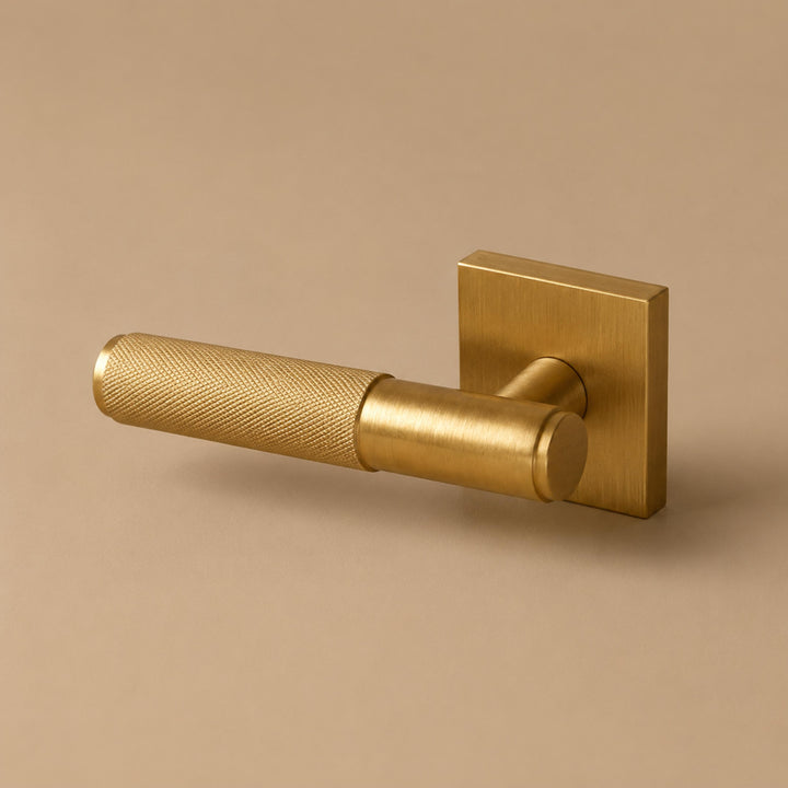 Modern Brass Door Handle with Knurled Grip and Square or Round Rosette for Internal Use