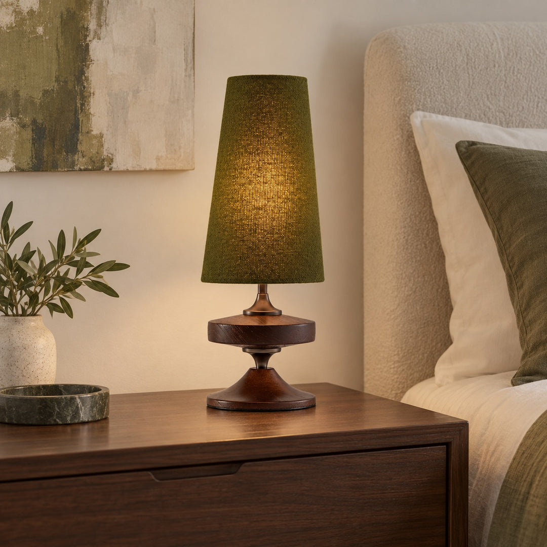 Modern Table Lamp with Tapered Fabric Shade and Walnut Wood Base Dimmable Plug-in Design