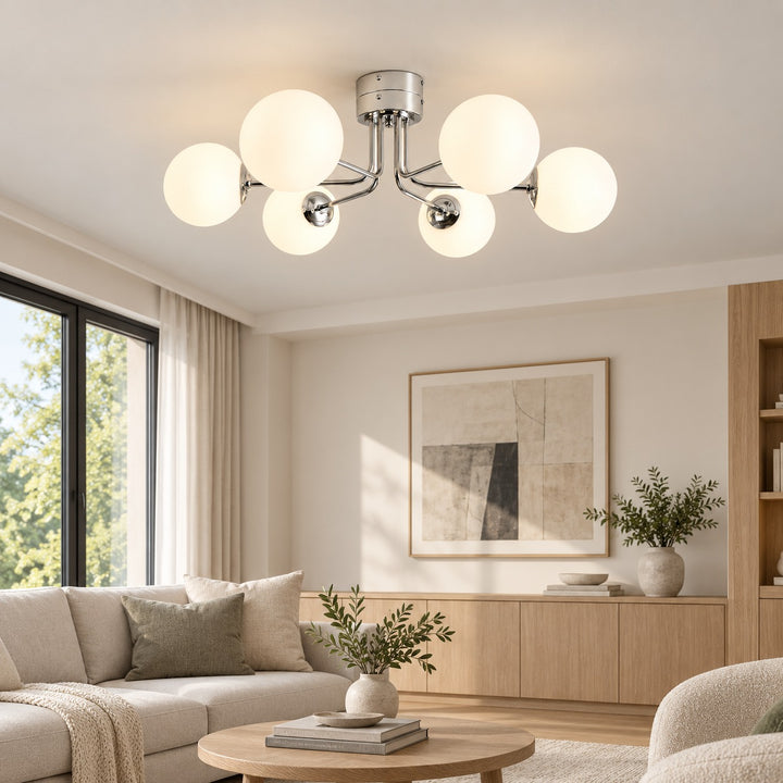 Modern Flush Mount Ceiling Light with Curved Metal and Glass Shade LED Compatible 6 Heads