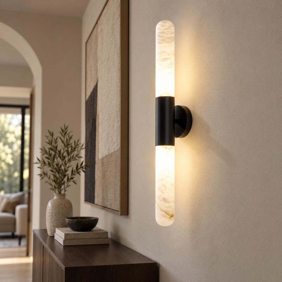 Modern Alabaster Wall Light Brushed Metal Fixture Warm White LED Illumination