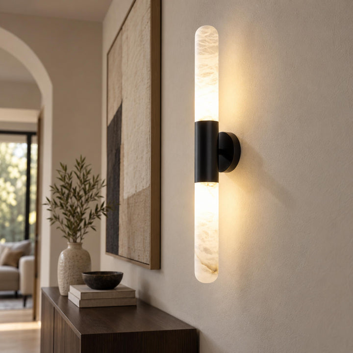 Modern Alabaster Wall Light Brushed Metal Fixture Warm White LED Illumination