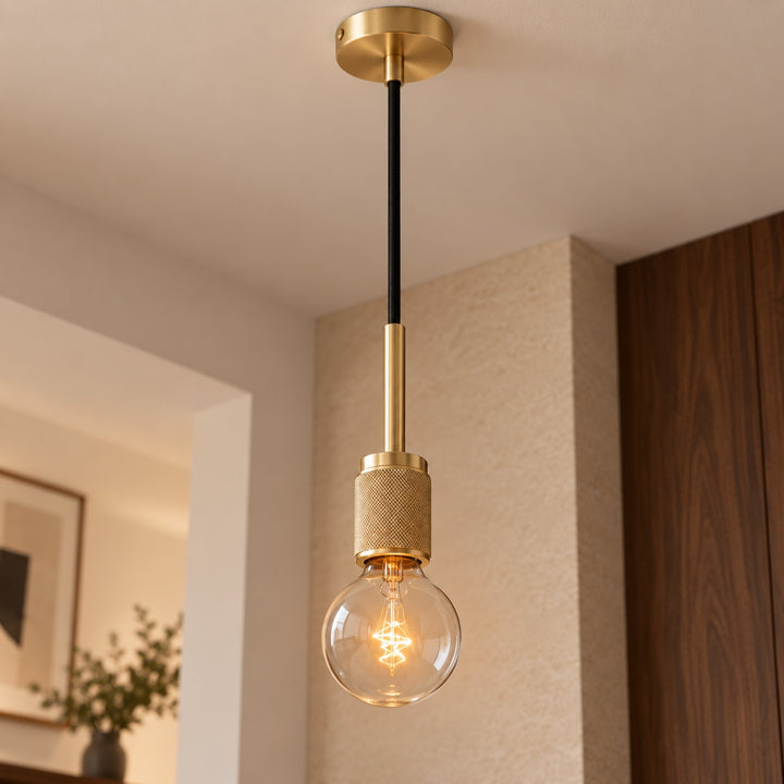 Modern Brass Pendant Light with Exposed E27 Bulb – Minimalist Ceiling Light