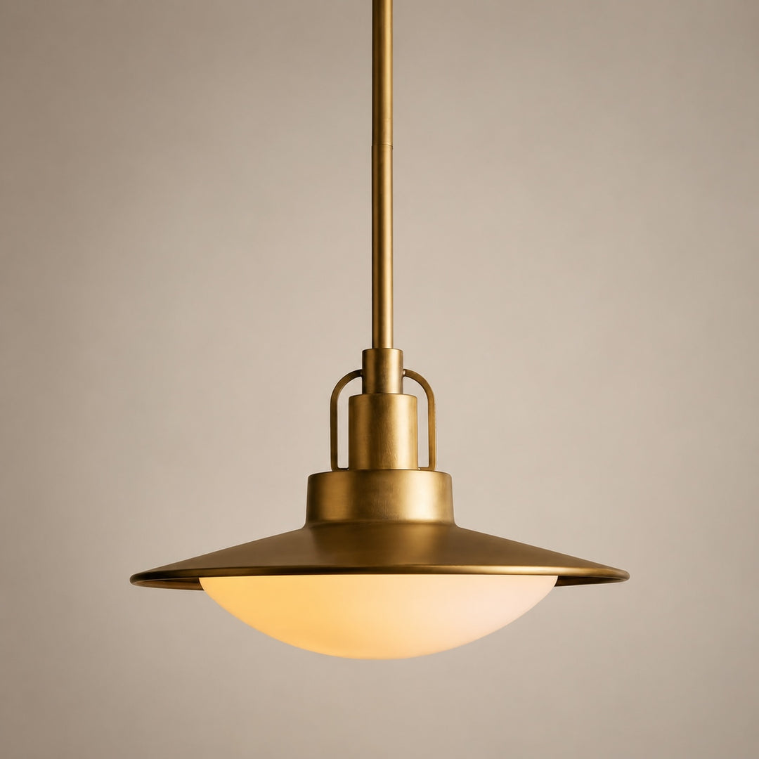 Modern Brass Saucer Pendant Light Hanging Metal Fixture with Frosted Glass Dome Shade for Kitchen Island Dining Room