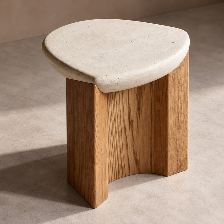Modern Side Table Irregular Round Shape Solid Wood and Travertine Stone for Contemporary Interiors