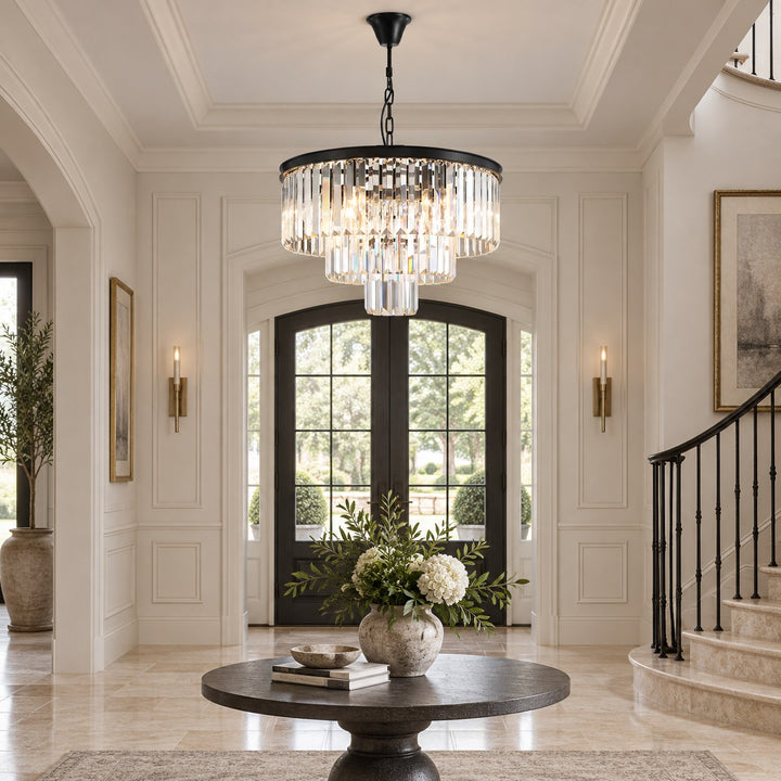 Modern Crystal Chandelier 3-Tier Hanging Light Fixture Black Metal Frame E12 LED Compatible