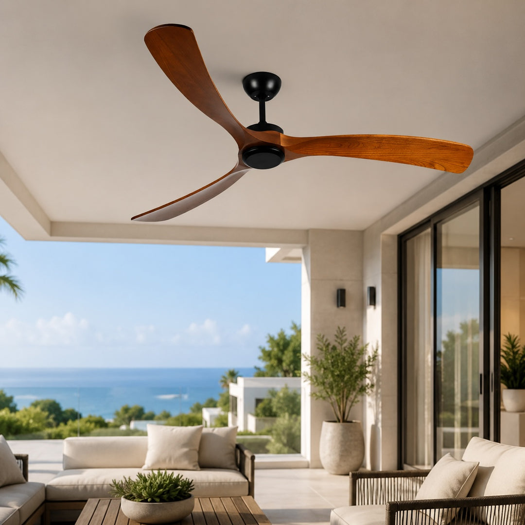 Modern Outdoor Ceiling Fan with Walnut Wood Blades IP65 Waterproof Rating and 6-Speed Motor