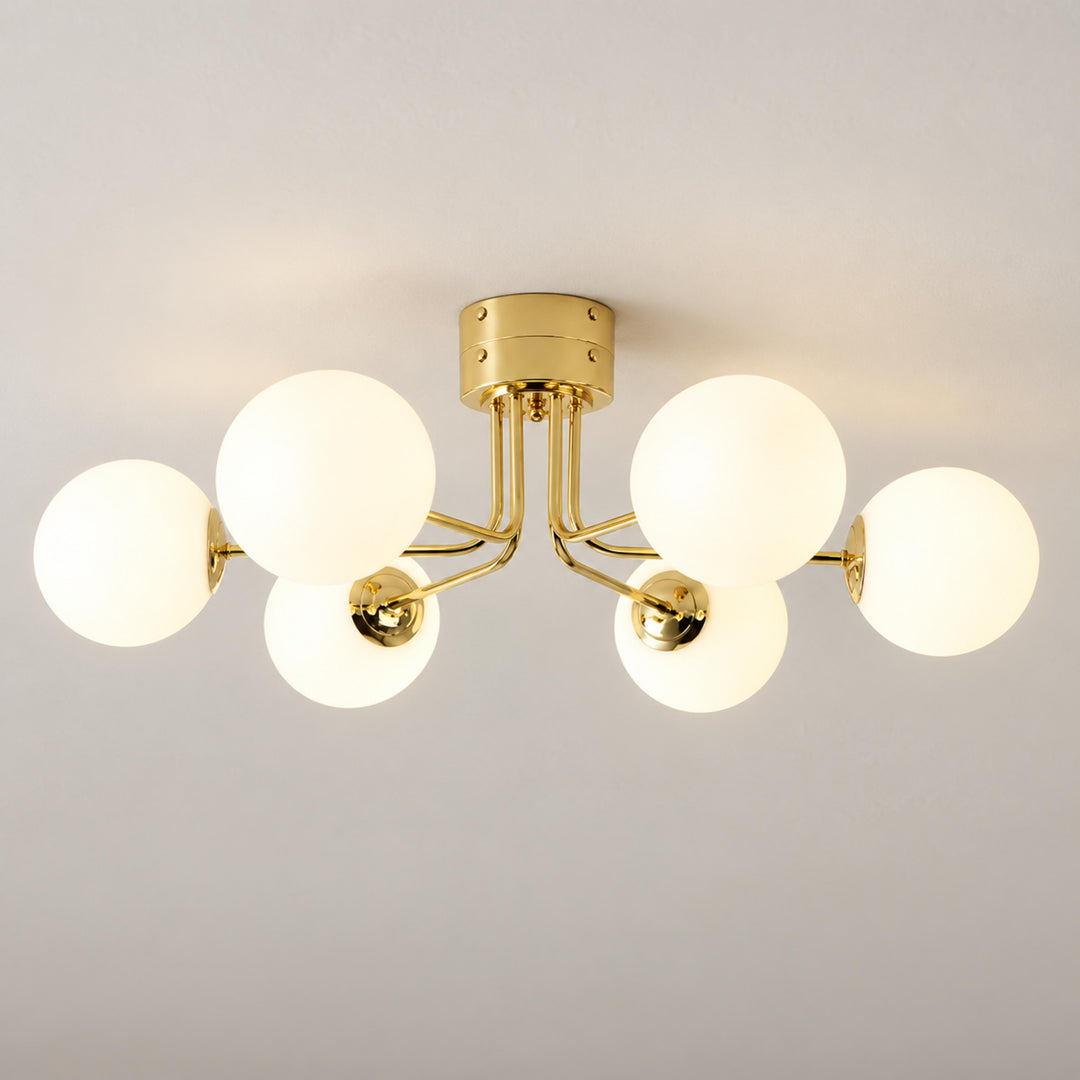 Modern Flush Mount Ceiling Light with Curved Metal and Glass Shade LED Compatible 6 Heads