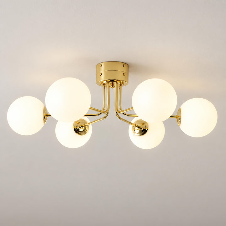 Modern Flush Mount Ceiling Light with Curved Metal and Glass Shade LED Compatible 6 Heads