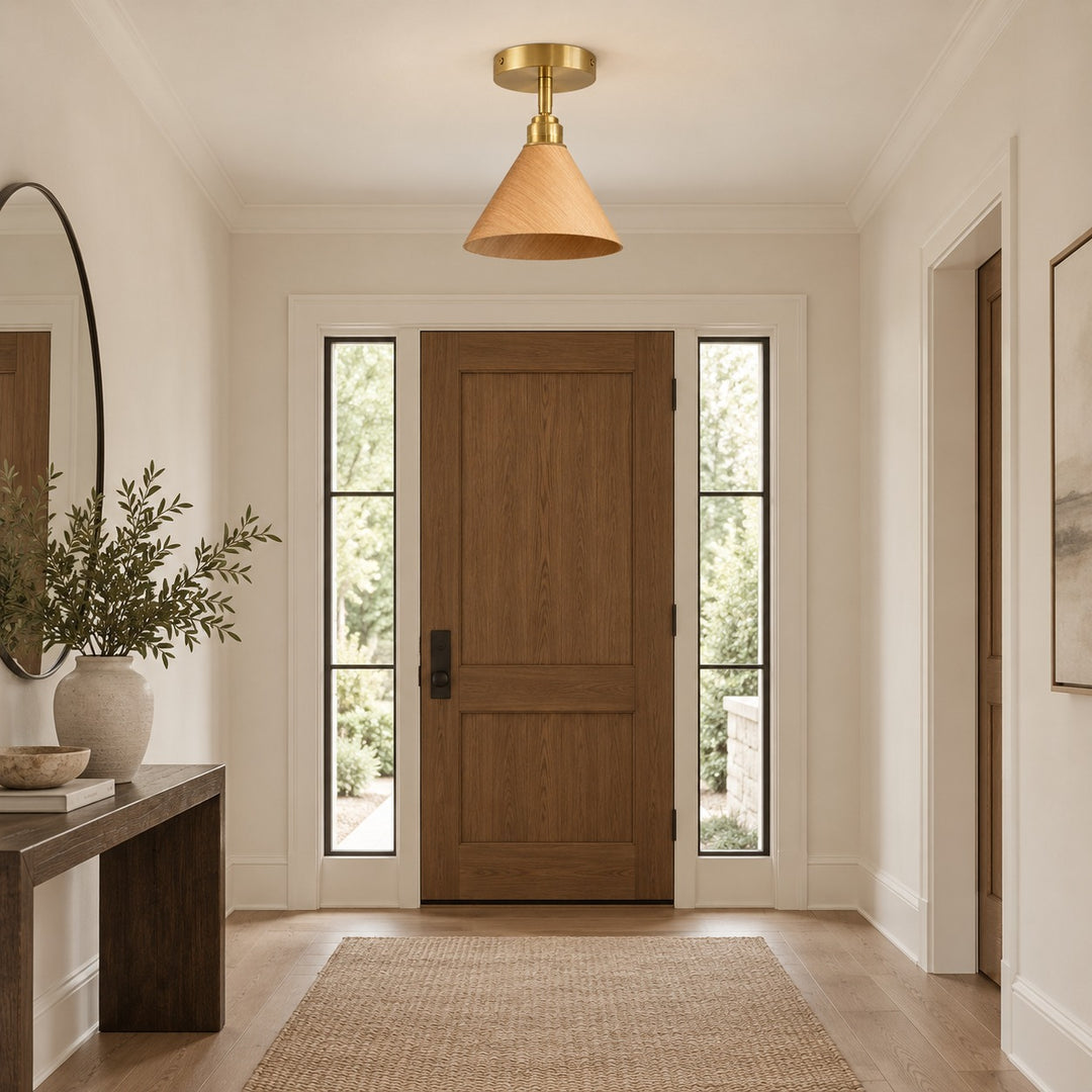 Modern Semi-Flush Ceiling Light Walnut Wood Brushed Brass LED Compatible Indoor Fixture