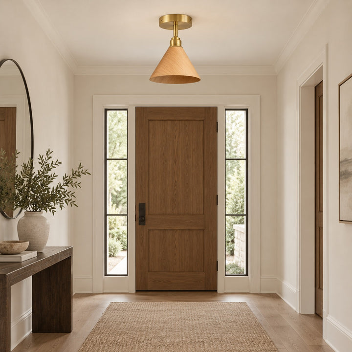 Modern Semi-Flush Ceiling Light Walnut Wood Brushed Brass LED Compatible Indoor Fixture