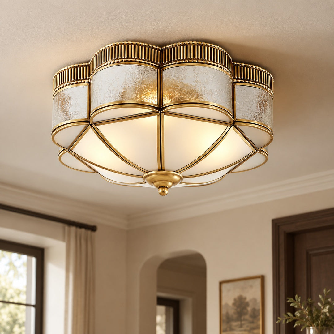 Modern Brass Flush Mount Ceiling Light with Frosted Glass Shade LED Compatible for Indoor Use