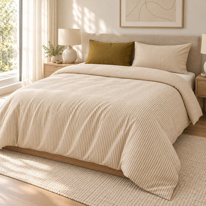 Minimalist Bedding Set Thin Striped Duvet Cover and Pillowcases Washed Cotton Breathable Comforter
