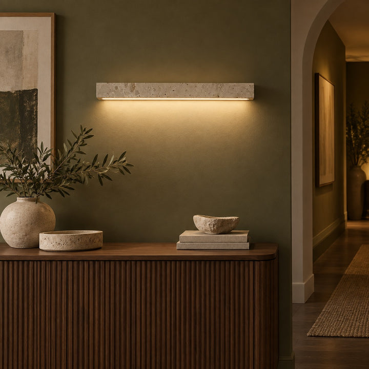 Minimalist Wall Light with Elongated Rectangular Design in Yellow Travertine and Integrated LED