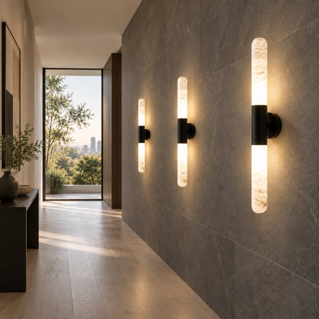 Modern Alabaster Wall Light Brushed Metal Fixture Warm White LED Illumination