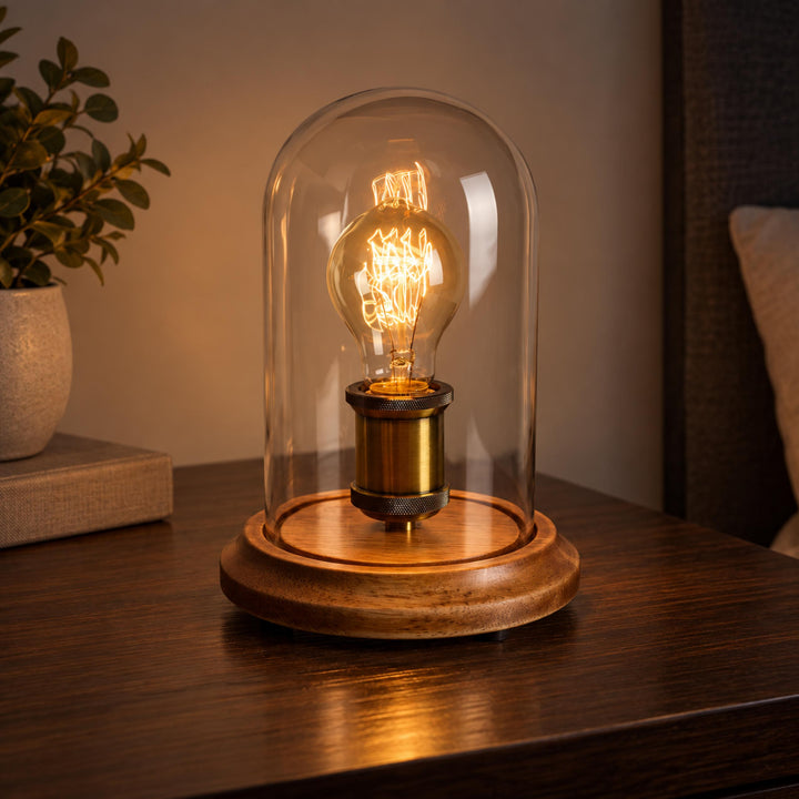 Modern Table Lamp with Glass Dome and Solid Wood Base for Bedroom and Nightstand Use