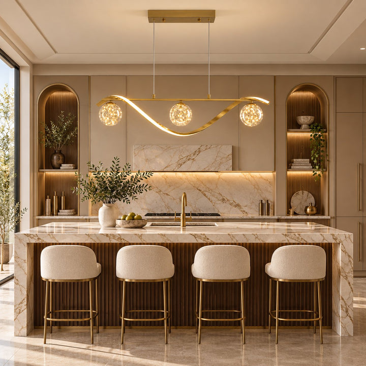 Modern Linear Pendant Light with Adjustable Height Metal Frame and LED Glass Globe Shades for Kitchen Island