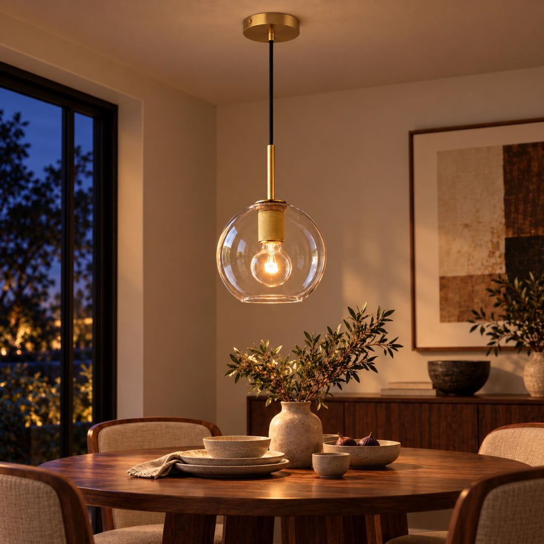 Modern Clear Glass Globe Pendant Light with Brass Finish – E27 Ceiling Light
