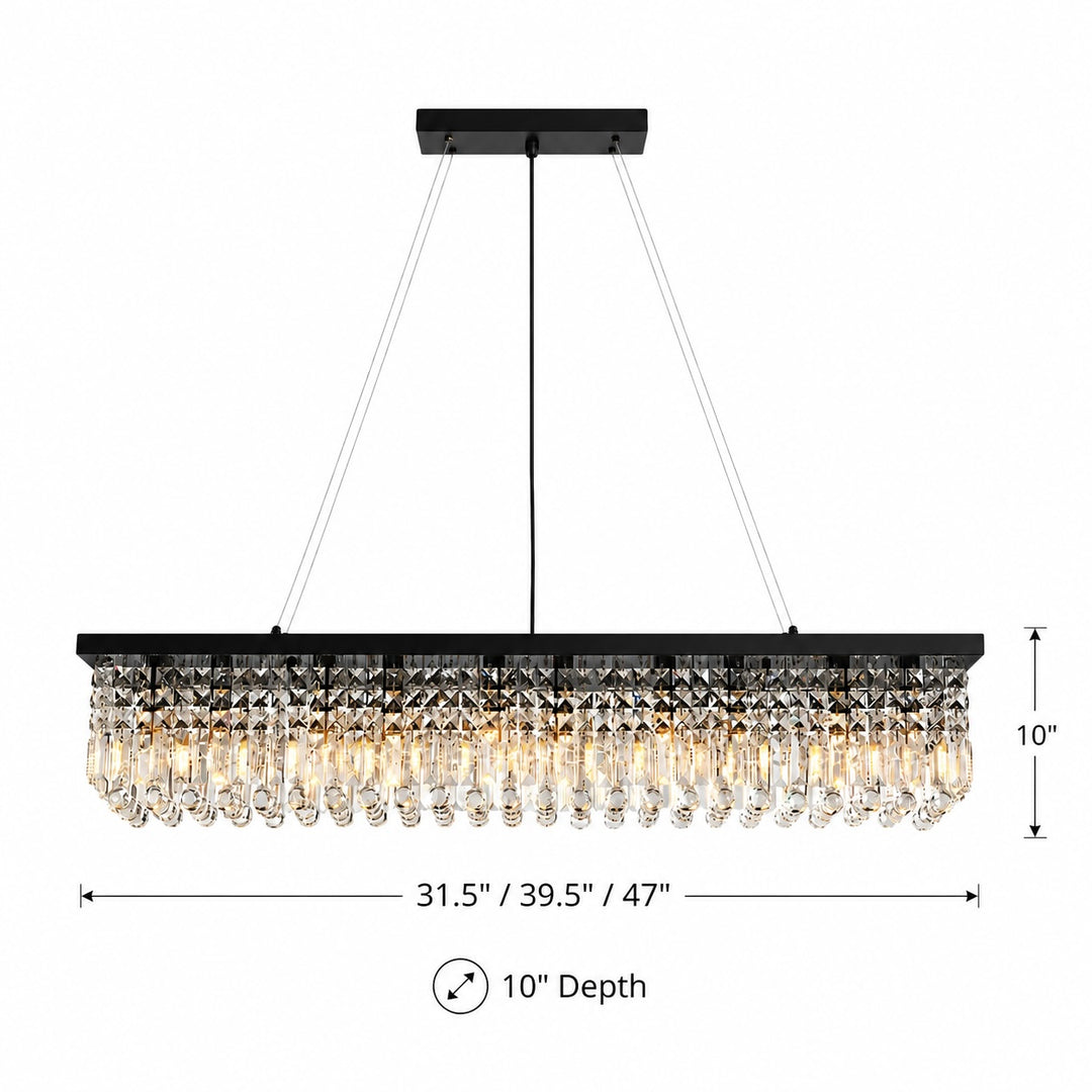 Modern Black Chandelier with Adjustable Height K9 Crystal and Metal Frame for Dining Room