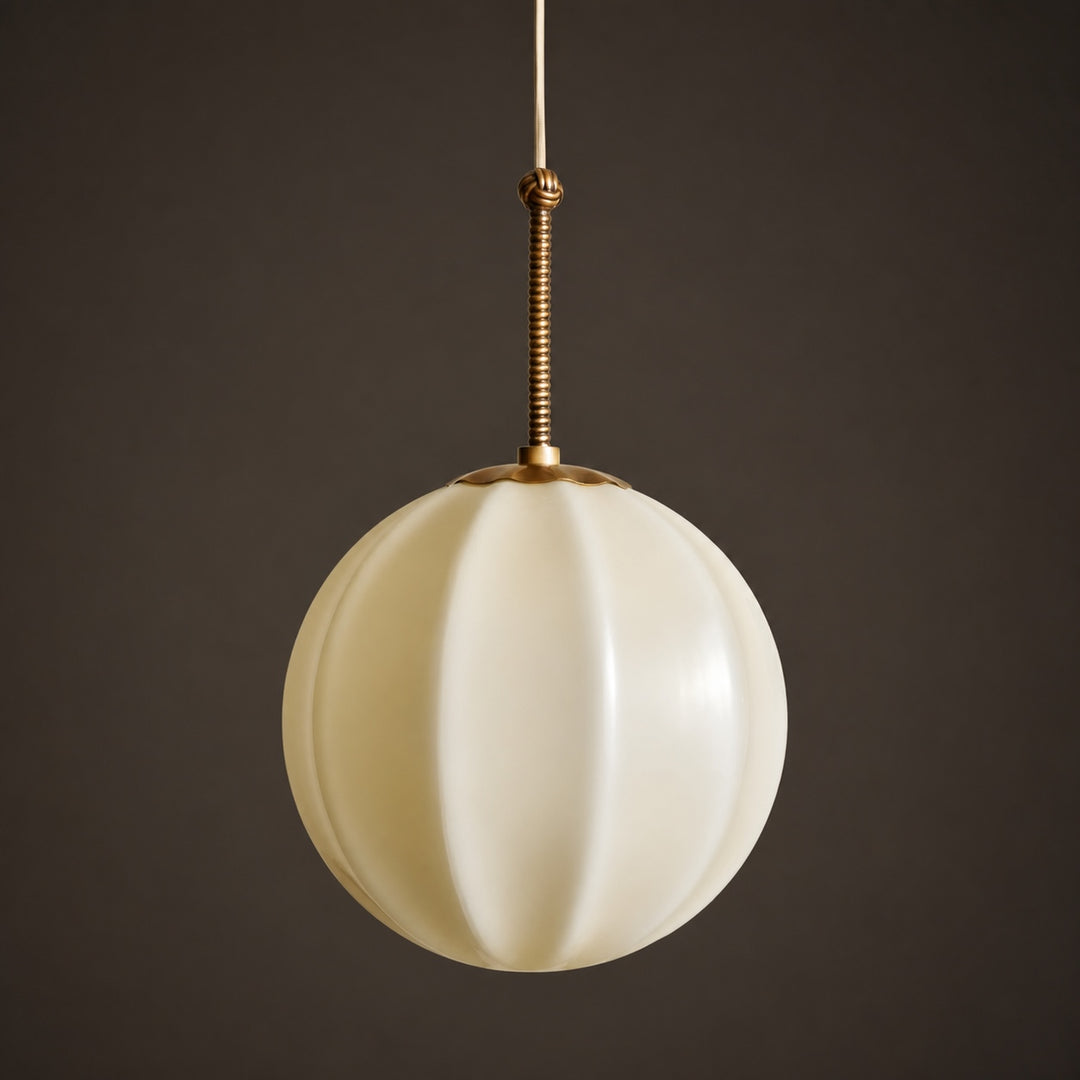 Modern Ribbed Opal Glass Globe Pendant Light Brass Hanging Fixture Adjustable Height for Kitchen Island Dining Room
