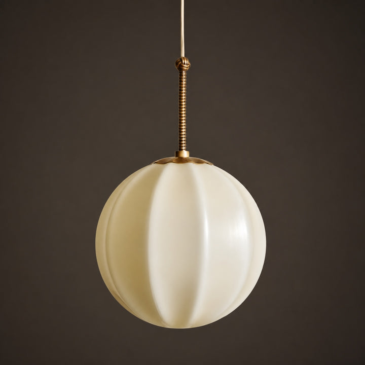 Modern Ribbed Opal Glass Globe Pendant Light Brass Hanging Fixture Adjustable Height for Kitchen Island Dining Room