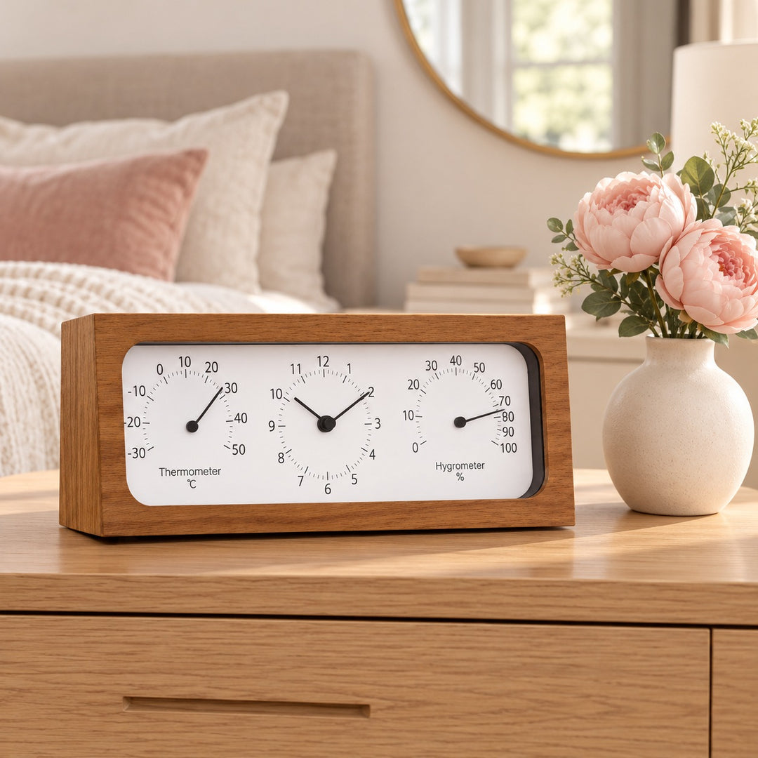 Minimalist Wooden Desk Clock with Temperature and Humidity Meter Battery Operated Bamboo