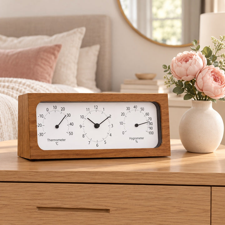 Minimalist Wooden Desk Clock with Temperature and Humidity Meter Battery Operated Bamboo