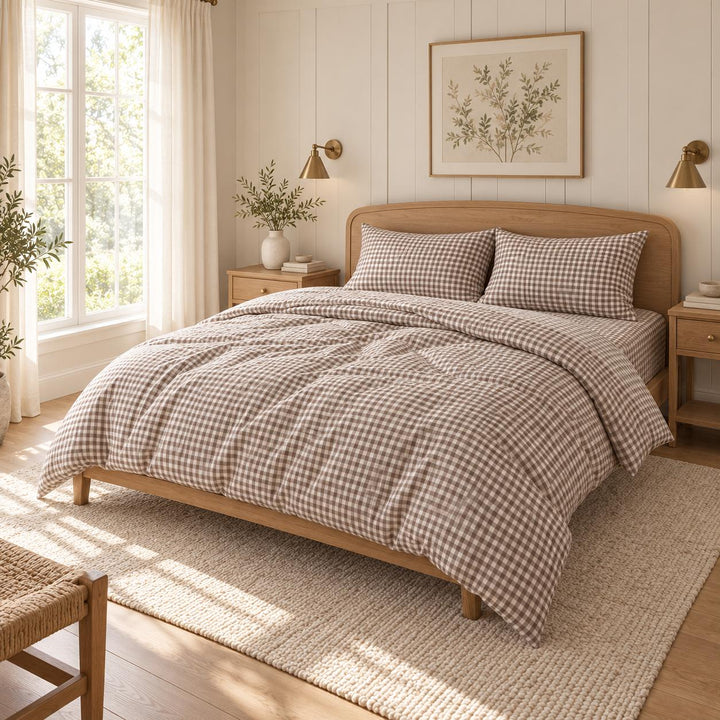 Classic Gingham Bedding Set Cotton Duvet Covers with Invisible Zipper and Corner Ties