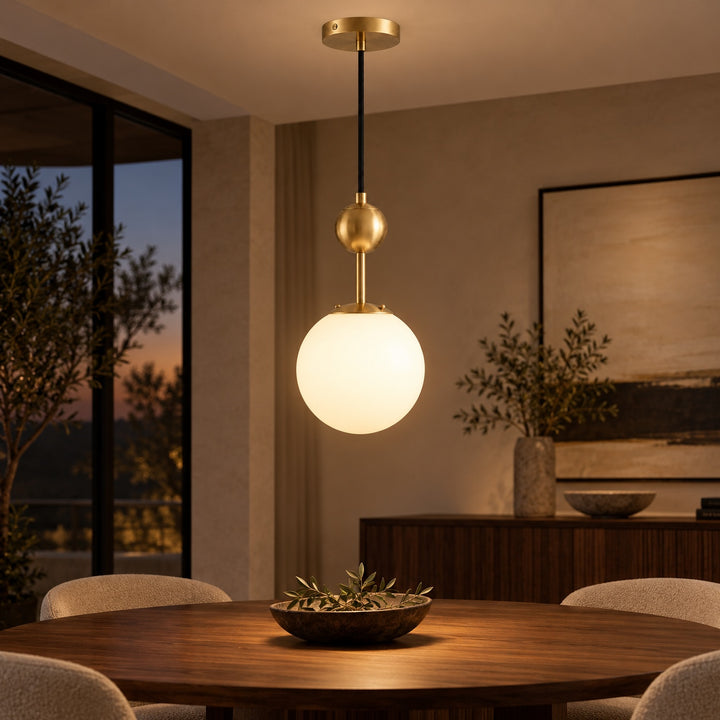 Modern Brass Globe Pendant Light with White Glass Shade – E14 Hanging Light