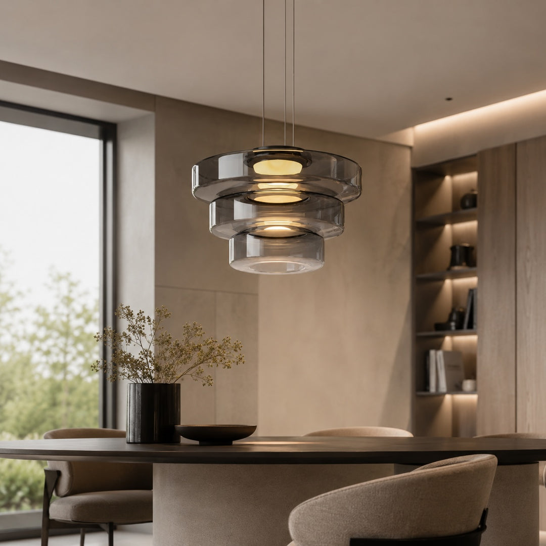 Modern Glass Pendant Light Hanging Fixture with Adjustable Height Dimmable LED and Iron Finish
