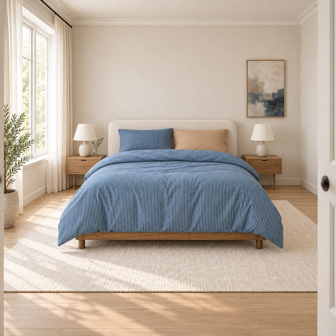 Minimalist Bedding Set Thin Striped Duvet Cover and Pillowcases Washed Cotton Breathable Comforter
