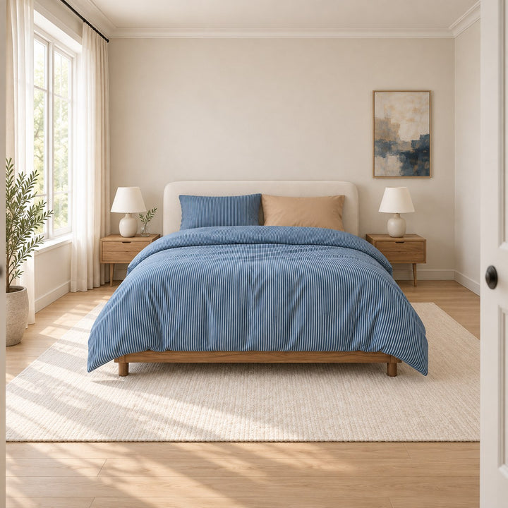 Minimalist Bedding Set Thin Striped Duvet Cover and Pillowcases Washed Cotton Breathable Comforter