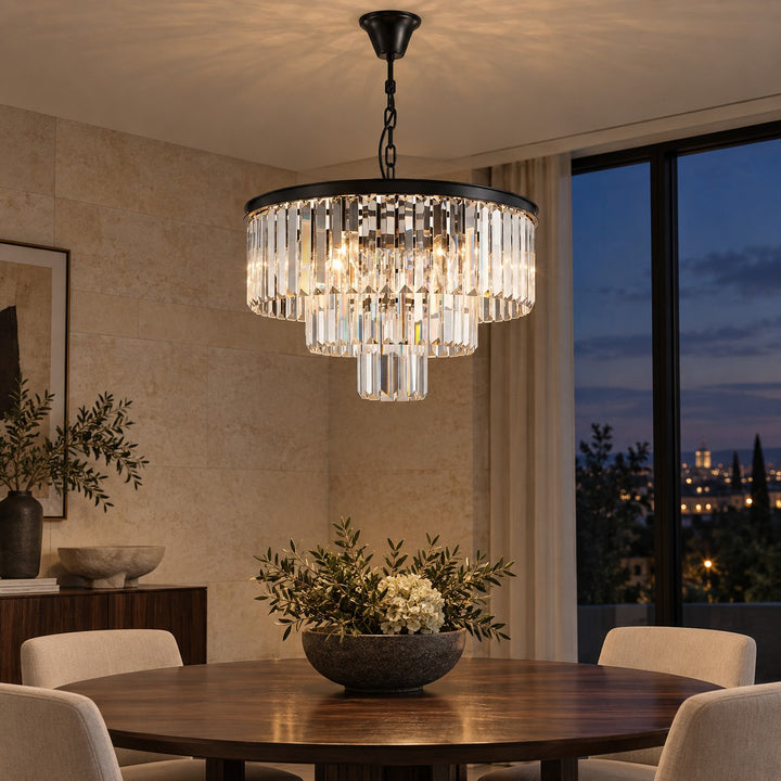 Modern Crystal Chandelier 3-Tier Hanging Light Fixture Black Metal Frame E12 LED Compatible