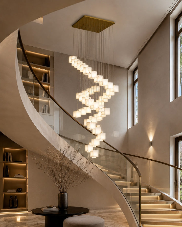 Modern Alabaster Box Pendant Light Hanging Fixture with LED Compatibility and Adjustable Height