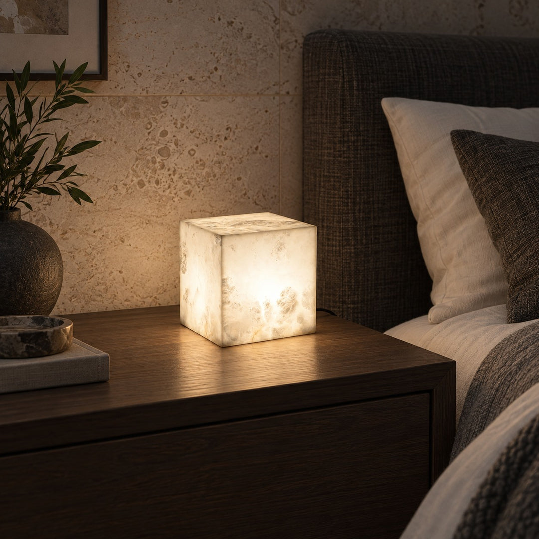 Modern Alabaster Table Lamp Cube Design LED Light for Bedroom or Desk Use