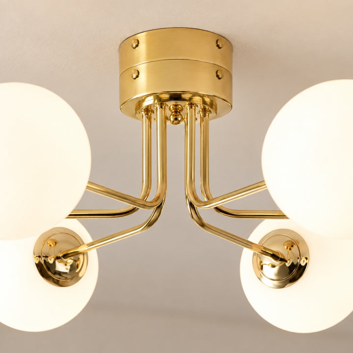 Modern Flush Mount Ceiling Light with Curved Metal and Glass Shade LED Compatible 6 Heads