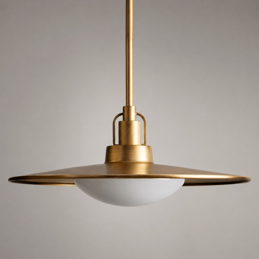 Modern Brass Saucer Pendant Light Hanging Metal Fixture with Frosted Glass Dome Shade for Kitchen Island Dining Room