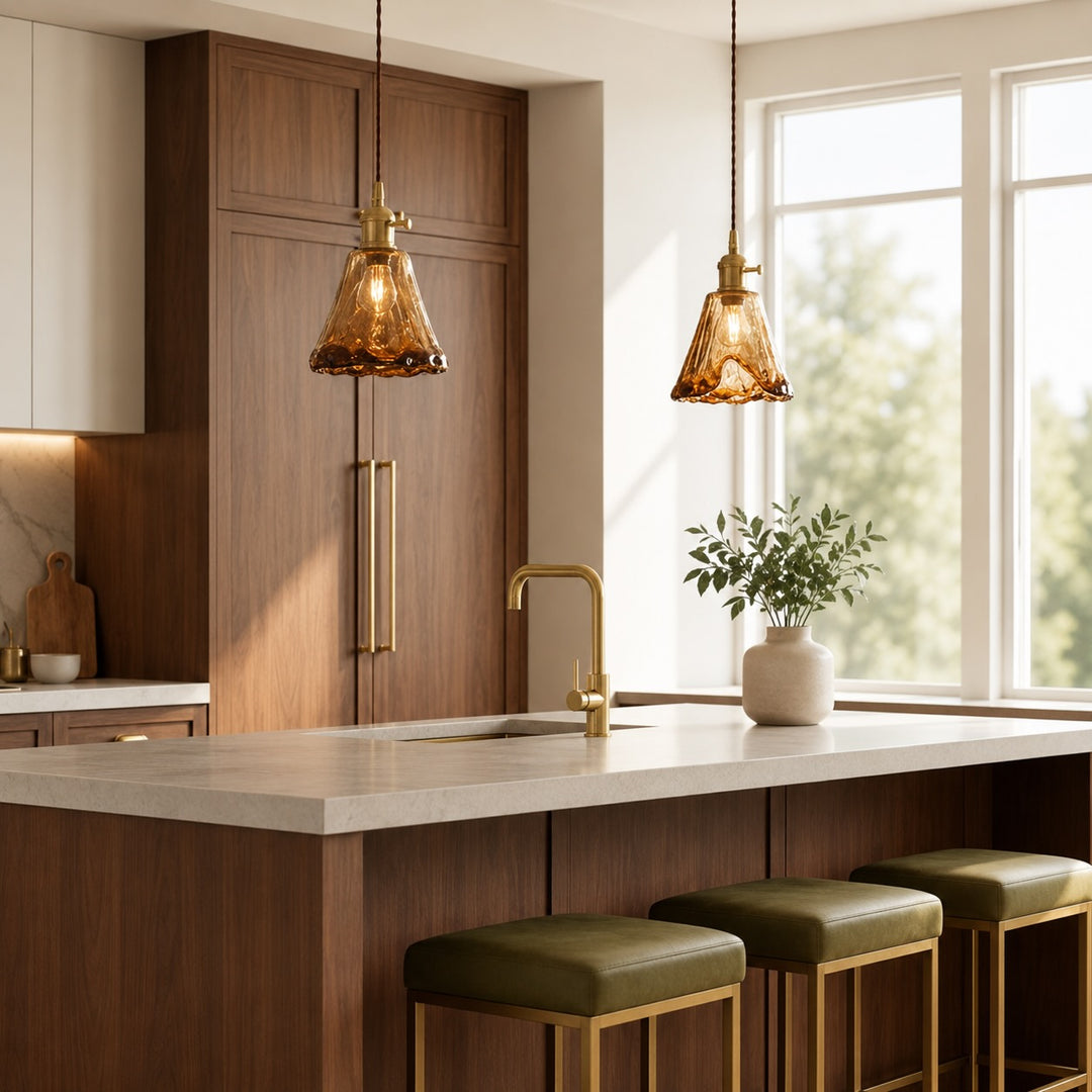 Vintage Brass Pendant Light with Adjustable Hanging Amber Glass Shade for Indoor Lighting