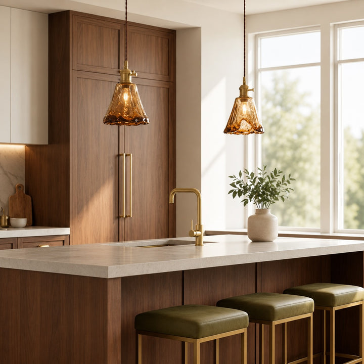 Vintage Brass Pendant Light with Adjustable Hanging Amber Glass Shade for Indoor Lighting