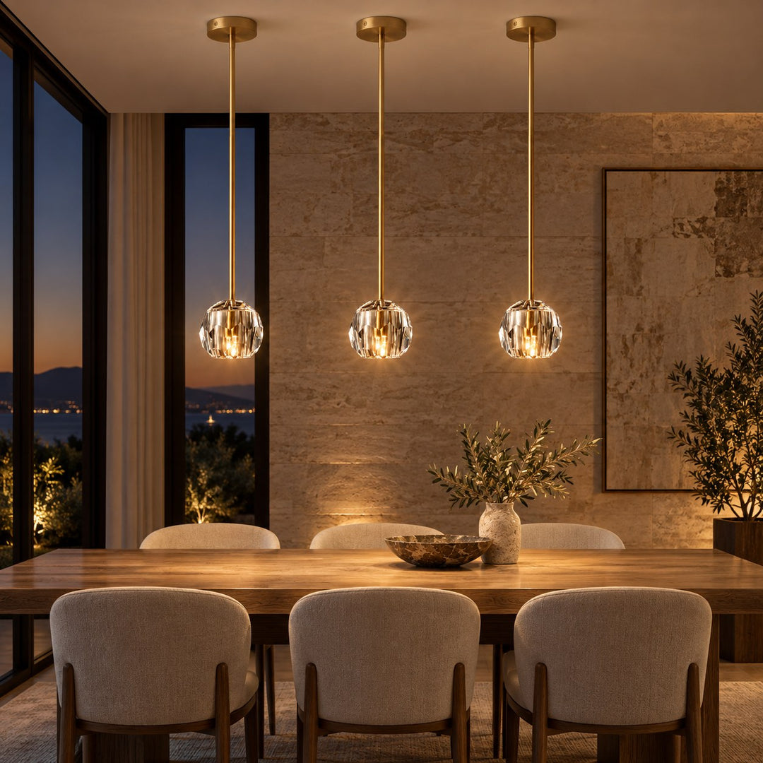 Modern K10 Crystal Pendant Light with Natural Brass – G9 LED, Rod or Cord Suspension