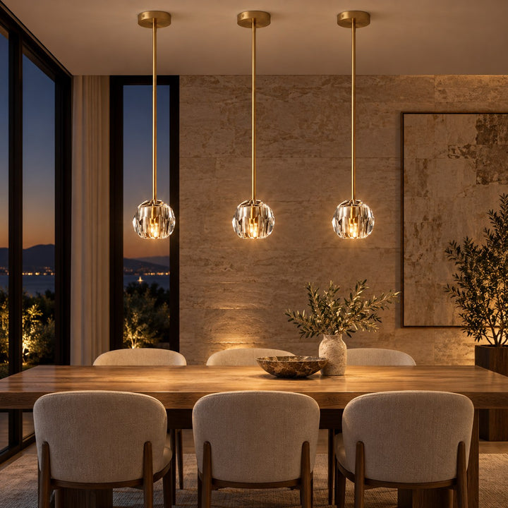 Modern K10 Crystal Pendant Light with Natural Brass – G9 LED, Rod or Cord Suspension