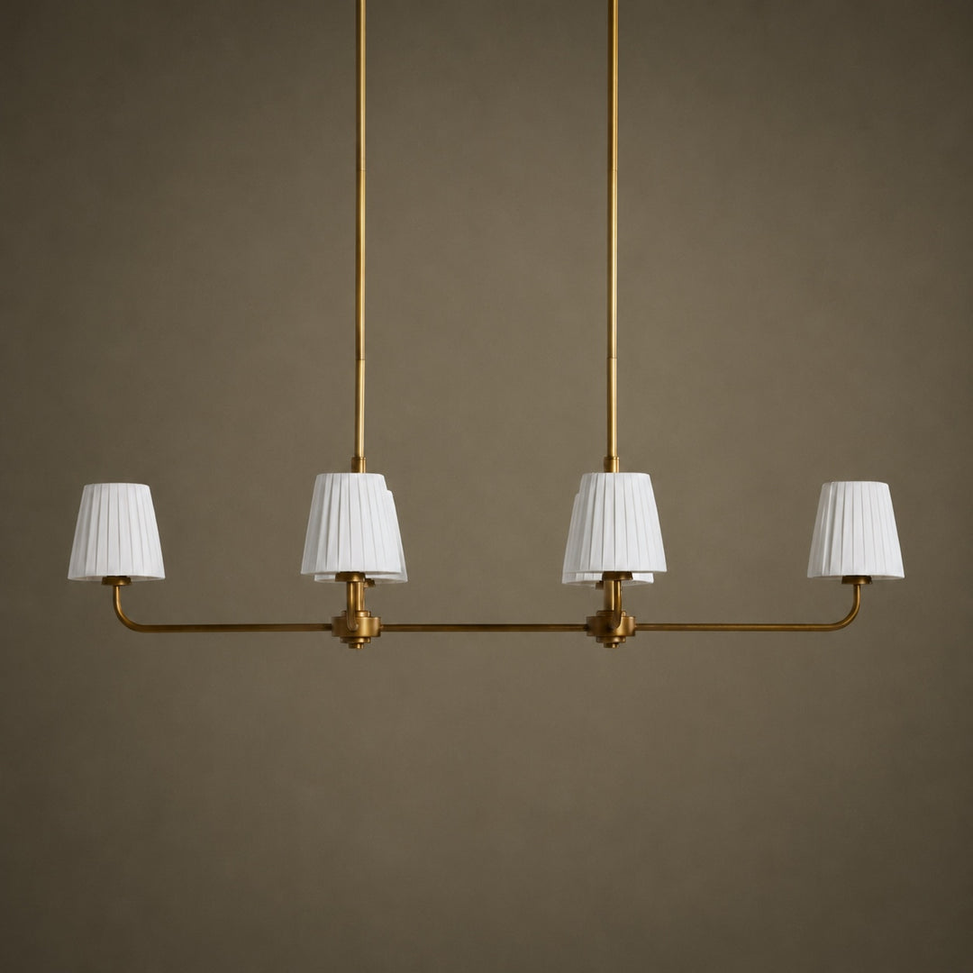 Luxury Brass Linear Chandelier with 6 Pleated Fabric Shades – Modern Adjustable Dining Room & Kitchen Island Pendant Light