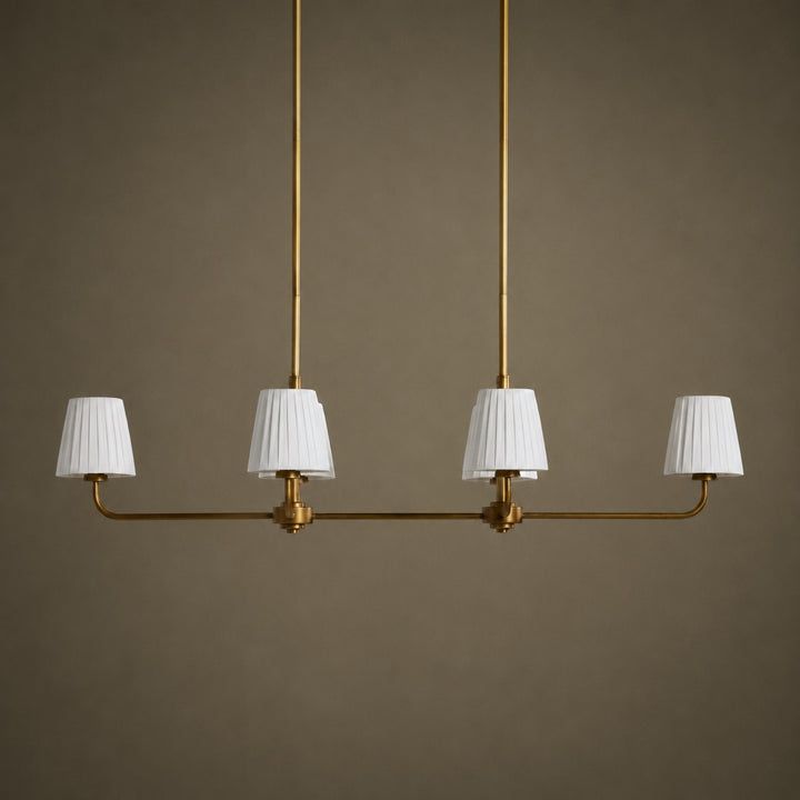 Luxury Brass Linear Chandelier with 6 Pleated Fabric Shades – Modern Adjustable Dining Room & Kitchen Island Pendant Light