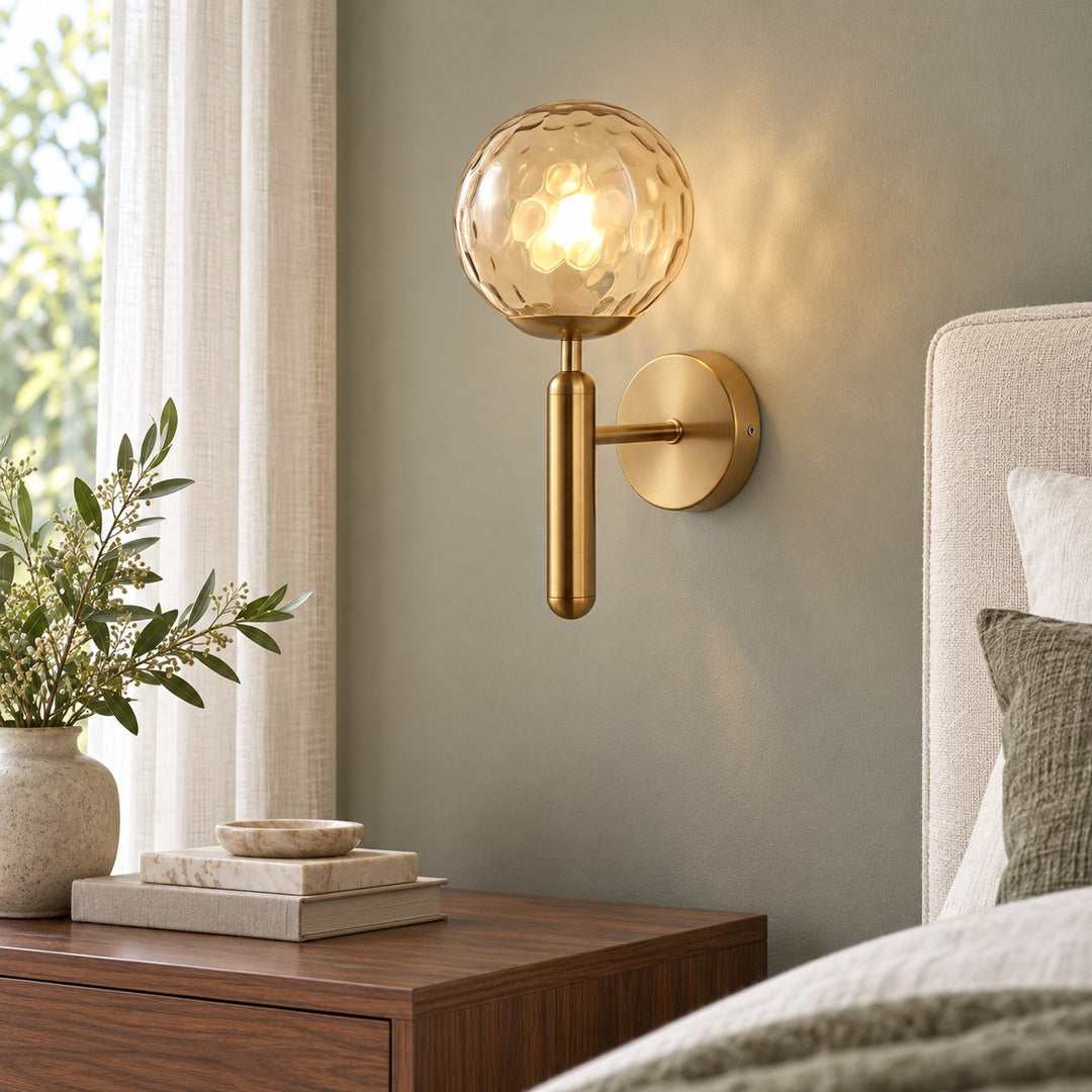 Modern Brass & Textured Glass Globe Wall Sconce | G9 Indoor Wall Light