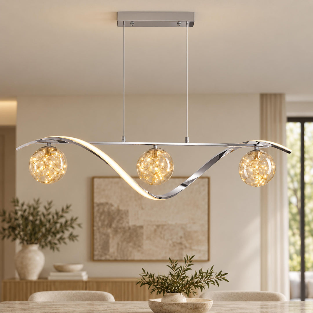 Modern Linear Pendant Light with Adjustable Height Metal Frame and LED Glass Globe Shades for Kitchen Island